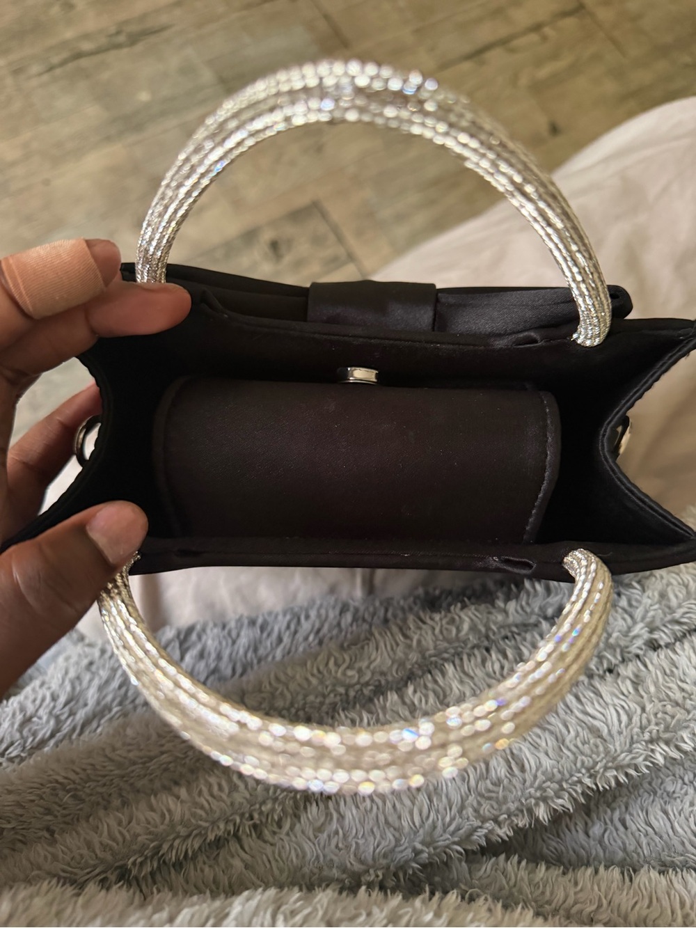 Black Satin Mini Top-Handle Bag with Decorative Bow - Picture 3 of 4